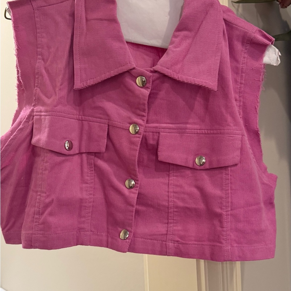 Pink Sleeveless Button-Up Cropped Corduroy Vest sz Med